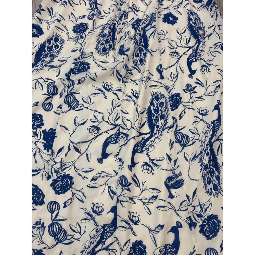 Abercrombie & Fitch Blue White Peacock Toile Maxi Dress XL Lace Up Back Slit